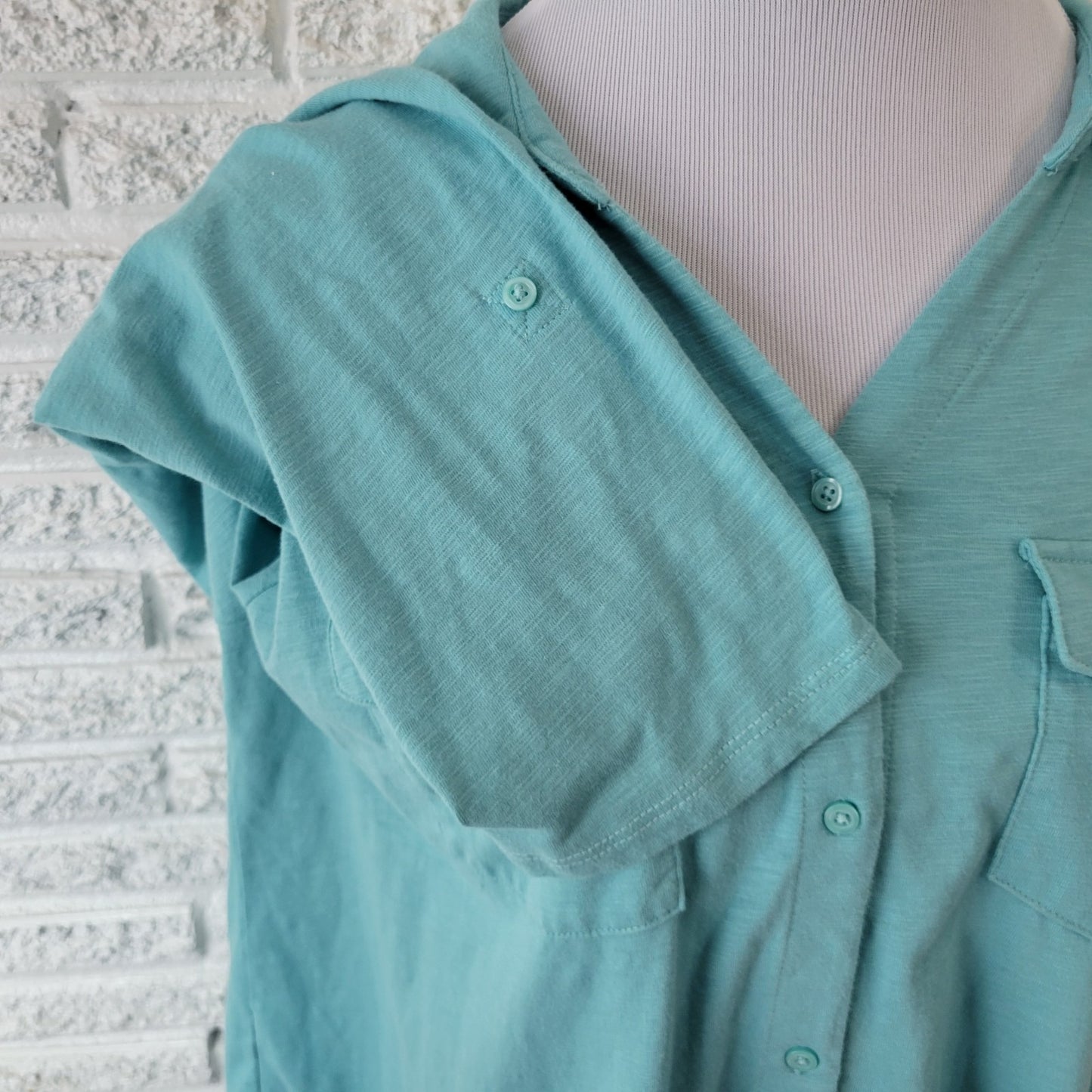 Croft Barrow Women Top 2X Plus Roll Tab Sleeve Blue Cotton Blend Comfy Button Up