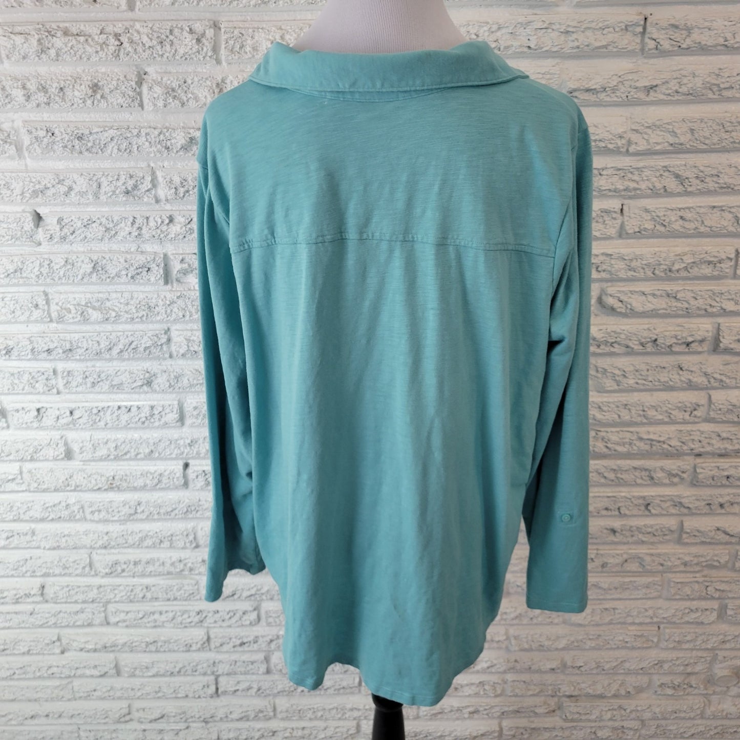 Croft Barrow Women Top 2X Plus Roll Tab Sleeve Blue Cotton Blend Comfy Button Up