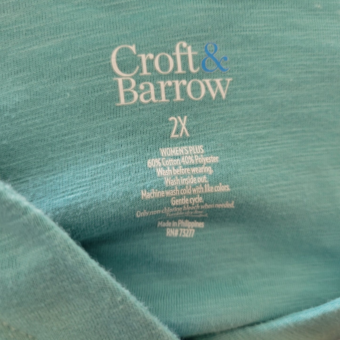 Croft Barrow Women Top 2X Plus Roll Tab Sleeve Blue Cotton Blend Comfy Button Up
