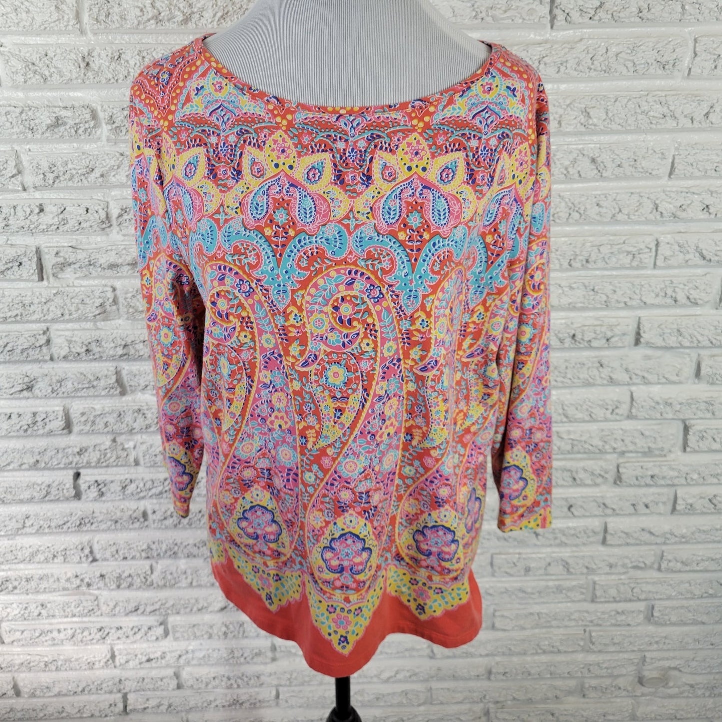 Talbots Womens Top Extra Large XL 3/4 Sleeve Orange Blue Paisley Comfy Casual