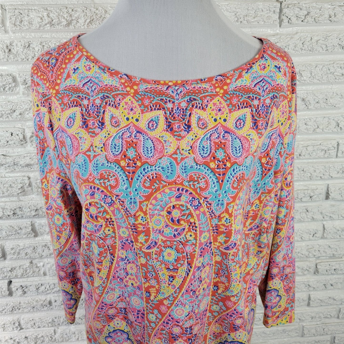 Talbots Womens Top Extra Large XL 3/4 Sleeve Orange Blue Paisley Comfy Casual