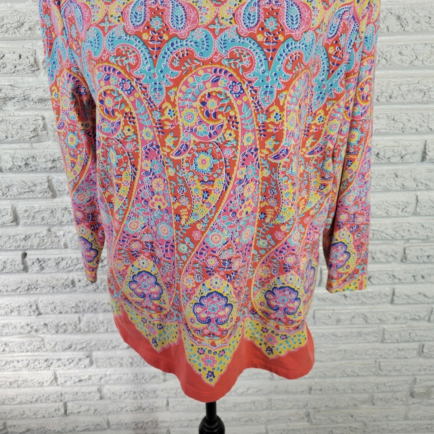 Talbots Womens Top Extra Large XL 3/4 Sleeve Orange Blue Paisley Comfy Casual