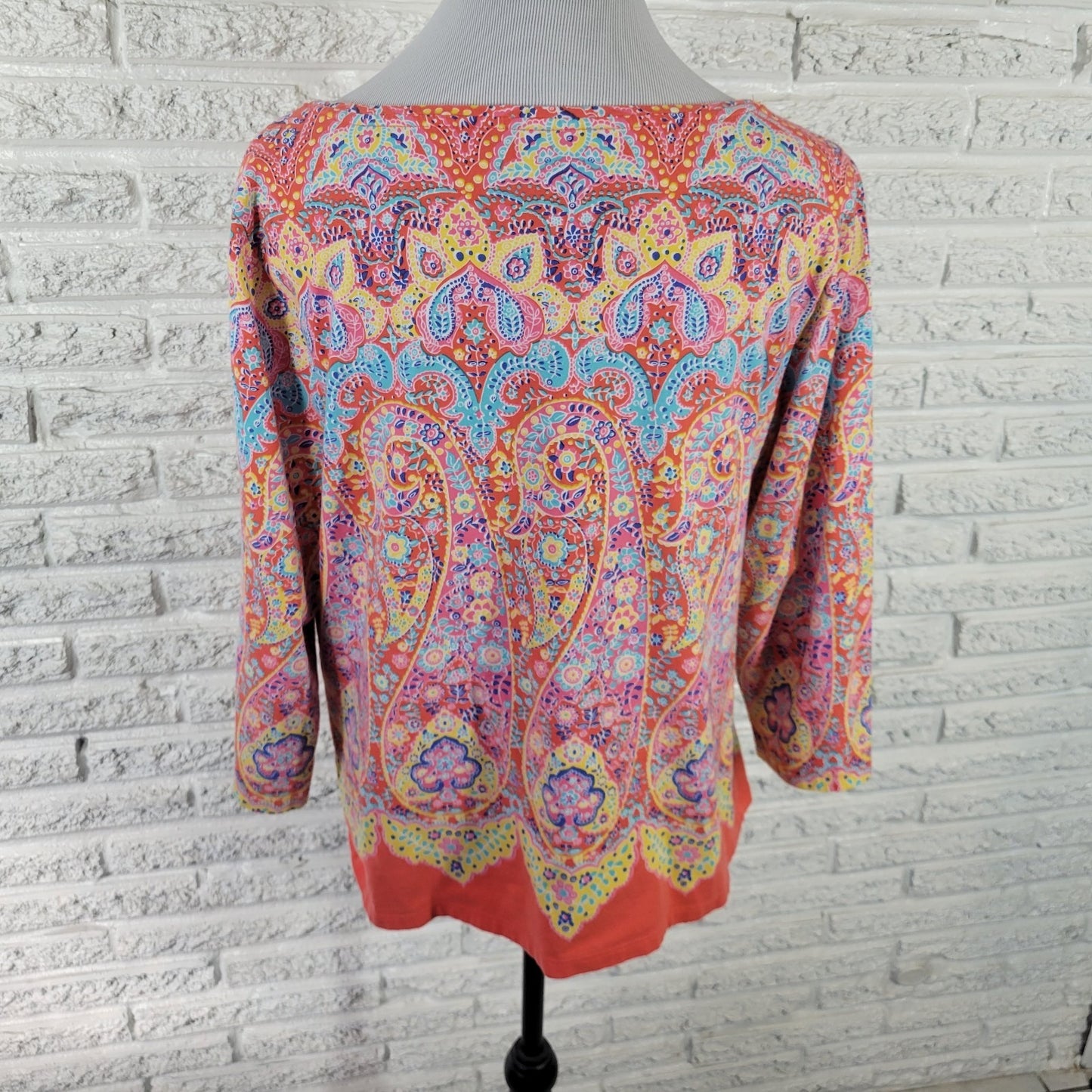 Talbots Womens Top Extra Large XL 3/4 Sleeve Orange Blue Paisley Comfy Casual
