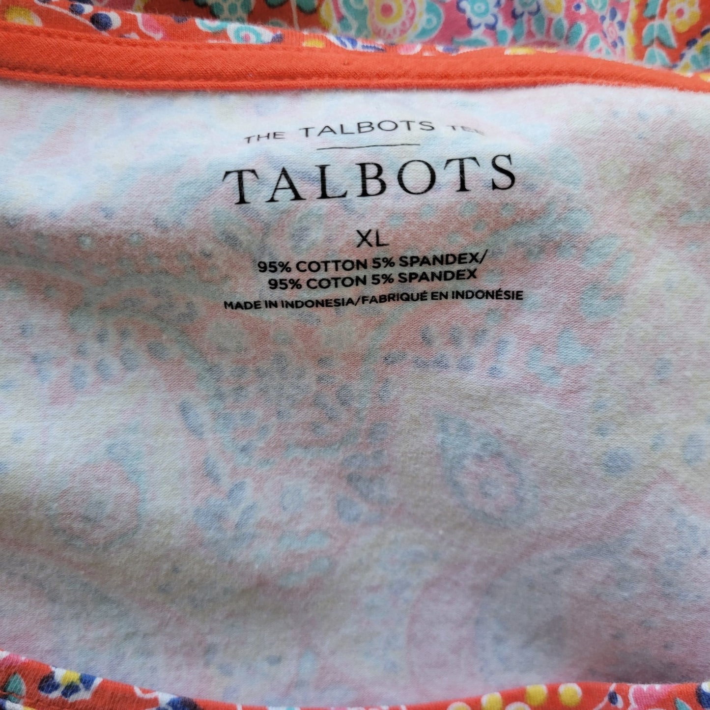 Talbots Womens Top Extra Large XL 3/4 Sleeve Orange Blue Paisley Comfy Casual